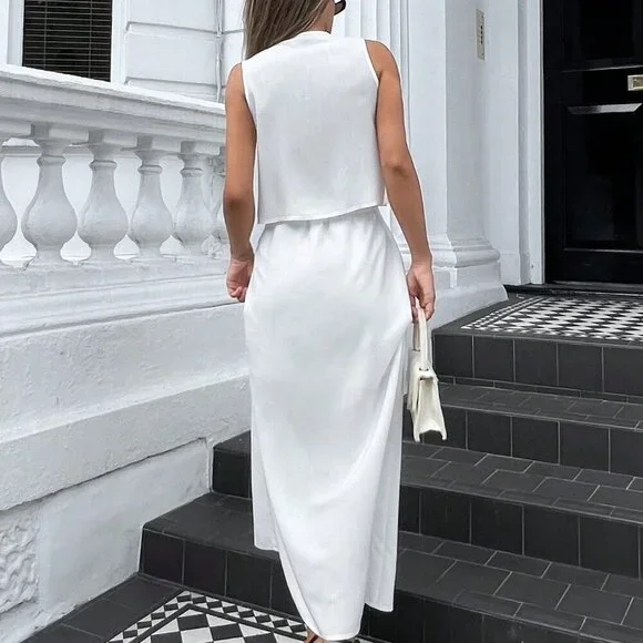 White Casual Women's Ribbon-Tied Ruffled Sleeveless Blouse And Long Skirt Set - Picture 5 of 8